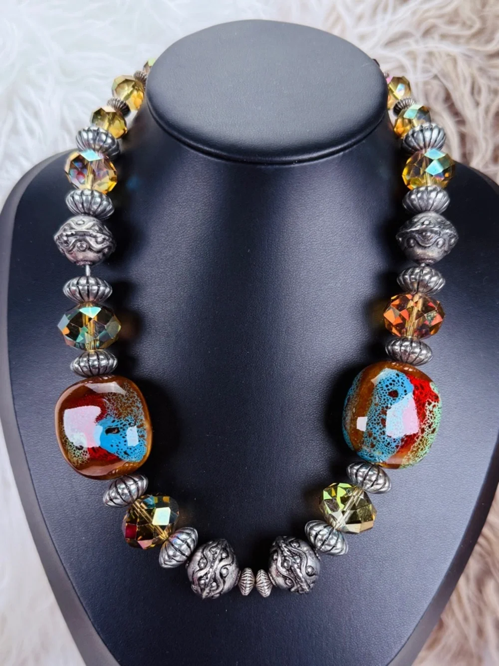 Bohemian, chunky glass beaded weighted statement, necklace
